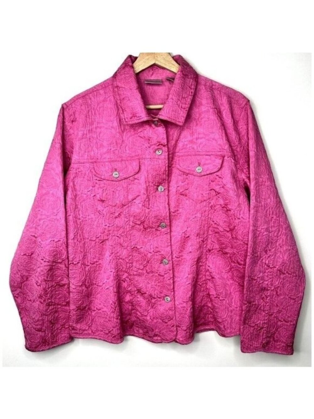 Chicos Womens 2 Pink Floral Jacquard Jacket Textured Stretch Button Up Artwear